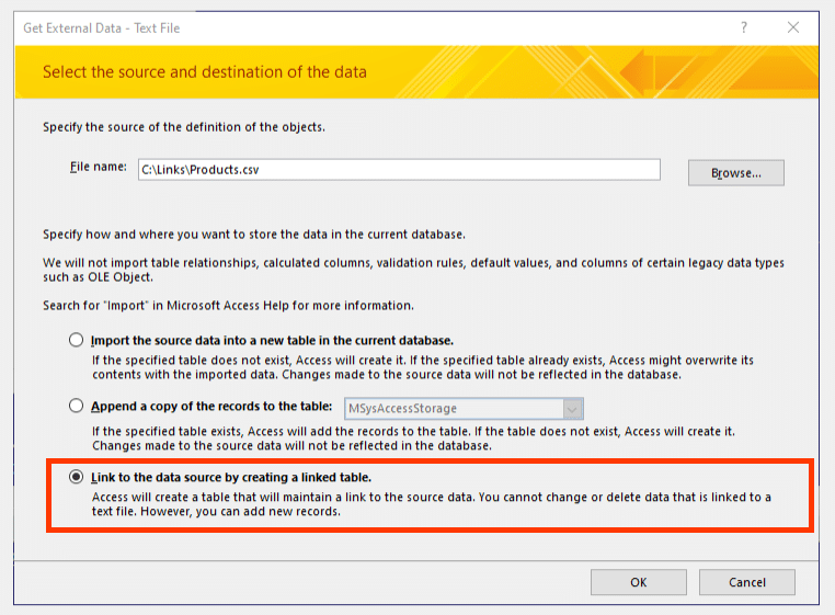 Using Link Table Wizard to get ad-hoc connection string